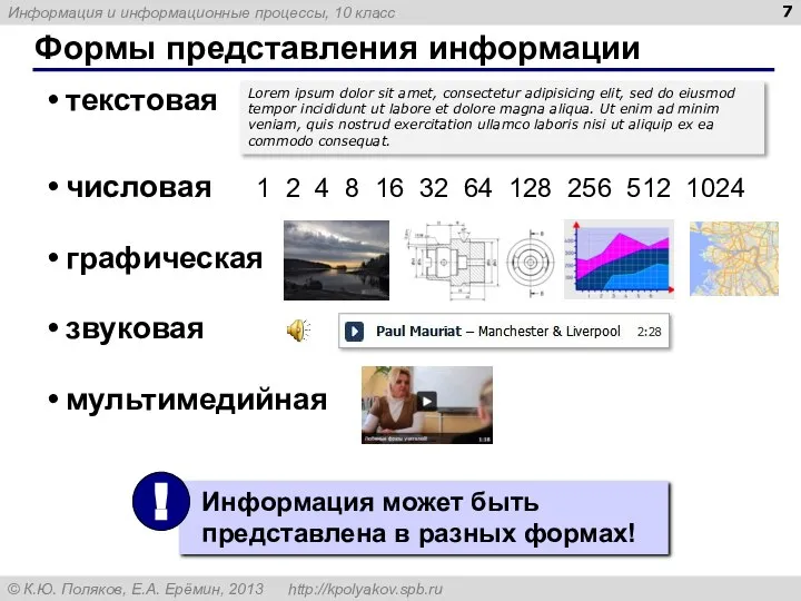 Формы представления информации текстовая числовая 1 2 4 8 16 32