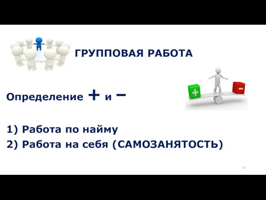 ГРУППОВАЯ РАБОТА Определение + и – 1) Работа по найму 2) Работа на себя (САМОЗАНЯТОСТЬ)