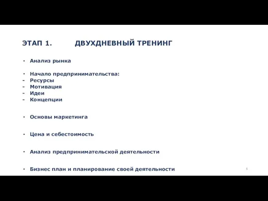 ЭТАП 1. ДВУХДНЕВНЫЙ ТРЕНИНГ Анализ рынка Начало предпринимательства: Ресурсы Мотивация Идеи