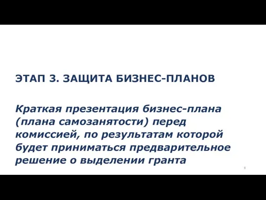 ЭТАП 3. ЗАЩИТА БИЗНЕС-ПЛАНОВ Краткая презентация бизнес-плана (плана самозанятости) перед комиссией,