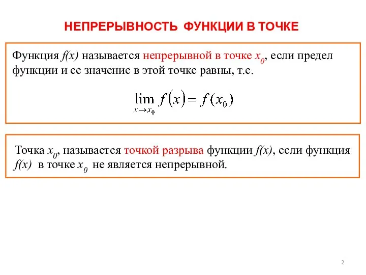 НЕПРЕРЫВНОСТЬ ФУНКЦИИ В ТОЧКЕ Функция f(x) называется непрерывной в точке x0,