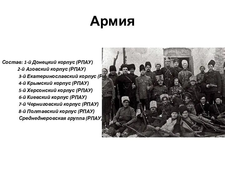 Армия Состав: 1-й Донецкий корпус (РПАУ) 2-й Азовский корпус (РПАУ) 3-й