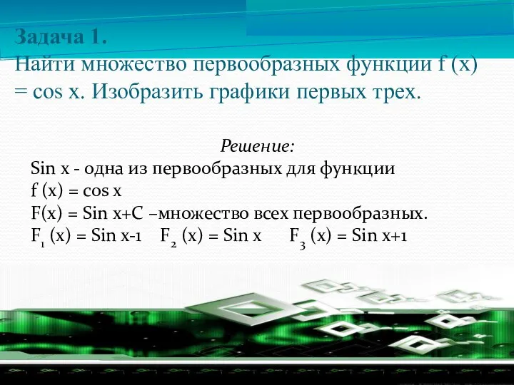 Задача 1. Найти множество первообразных функции f (х) = cos х.