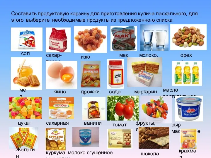 Составить продуктовую корзину для приготовления кулича пасхального, для этого выберите необходимые