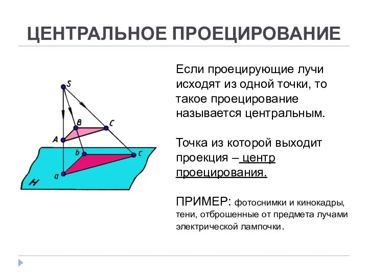 ЦЕНТРАЛЬНОЕ ПРОЕЦИРОВАНИЕ Если проецирующие лучи исходят из одной точки, то такое