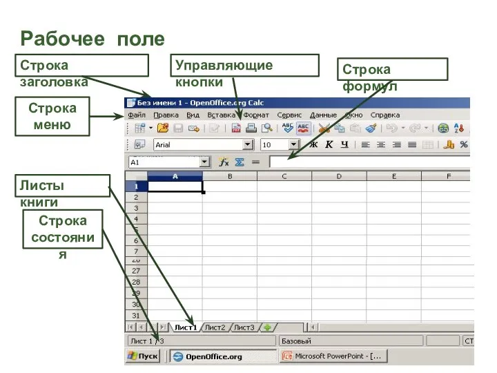 Рабочее поле Строка заголовка Строка меню Управляющие кнопки Листы книги Строка состояния Строка формул