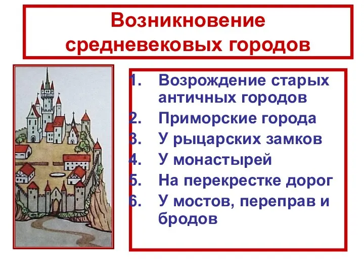 Возрождение старых античных городов Приморские города У рыцарских замков У монастырей