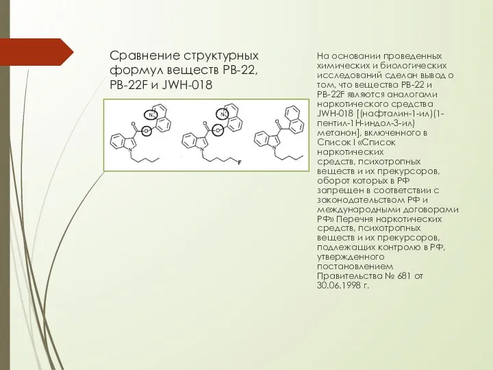 Сравнение структурных формул веществ РВ-22, РВ-22F и JWH-018 На основании проведенных