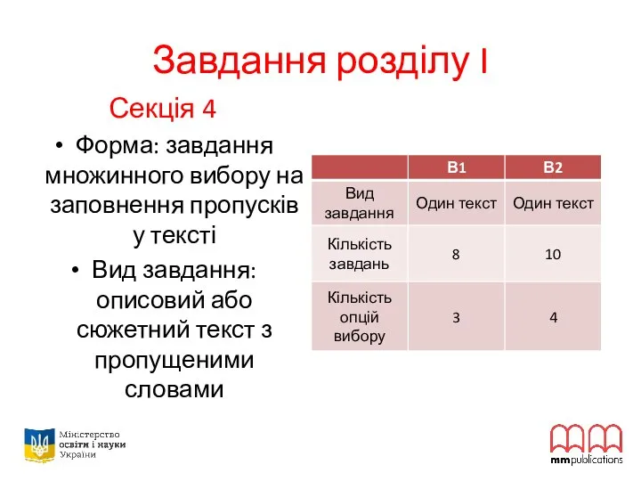 Завдання розділу I Секція 4 Форма: завдання множинного вибору на заповнення