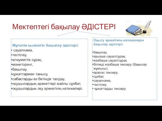 Мектептегі бақылау ӘДІСТЕРІ Мұғалім қызметін бақылау әдістері: сауалнама, тестілеу, әлеуметтік сұрақ,