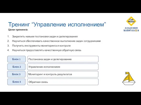 Тренинг “Управление исполнением” Цели тренинга: Закрепить навыки постановки задач и делегирования