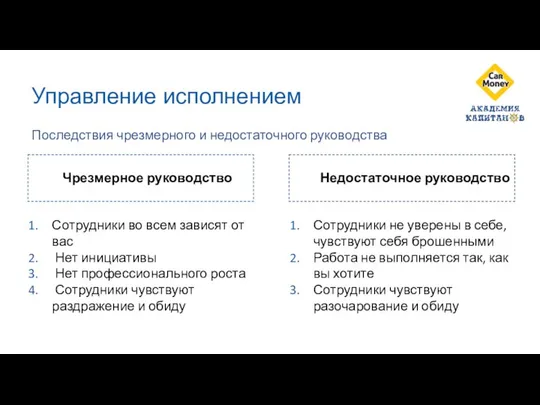 Управление исполнением Чрезмерное руководство Недостаточное руководство Последствия чрезмерного и недостаточного руководства