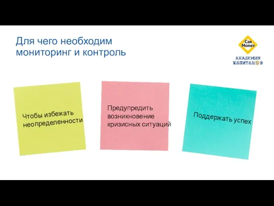 Для чего необходим мониторинг и контроль Поддержать успех Чтобы избежать неопределенности Предупредить возникновение кризисных ситуаций