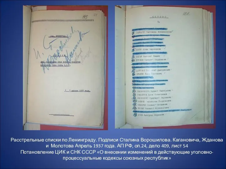 Расстрельные списки по Ленинграду. Подписи Сталина Ворошилова. Кагановича, Жданова и Молотова