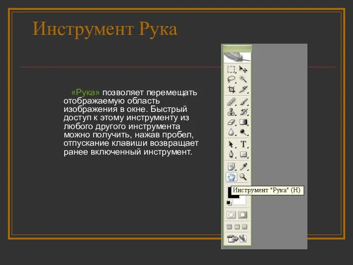 Инструмент Рука «Рука» позволяет перемещать отображаемую область изображения в окне. Быстрый