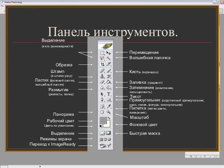 Панель инструментов. Выделение (и его разновидности) Штамп (и штамп-узор) Ластик (фоновой