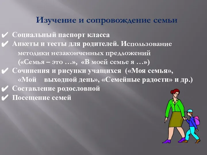 Изучение и сопровождение семьи Социальный паспорт класса Анкеты и тесты для