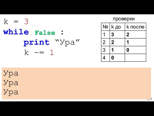 k = 3 while k > 0: print “Ура” k -=