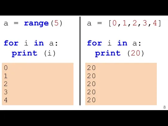 a = range(5) for i in a: print (i) 0 1