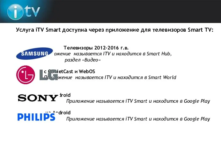 Услуга iTV Smart доступна через приложение для телевизоров Smart TV: Телевизоры