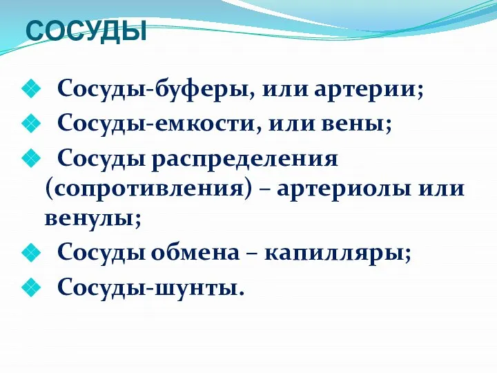 СОСУДЫ Сосуды-буферы, или артерии; Сосуды-емкости, или вены; Сосуды распределения (сопротивления) –