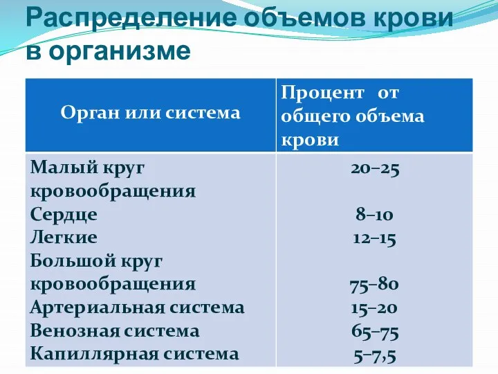 Распределение объемов крови в организме