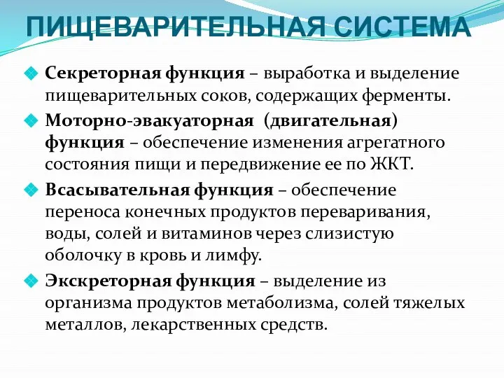 ПИЩЕВАРИТЕЛЬНАЯ СИСТЕМА Секреторная функция – выработка и выделение пищеварительных соков, содержащих