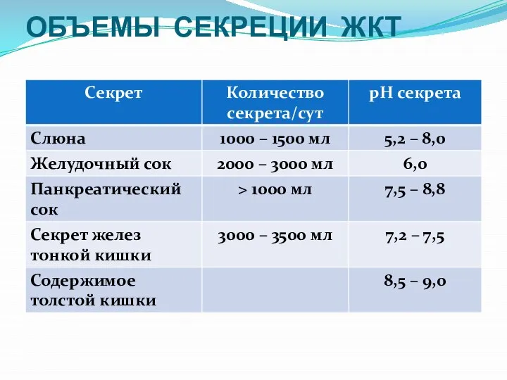 ОБЪЕМЫ СЕКРЕЦИИ ЖКТ