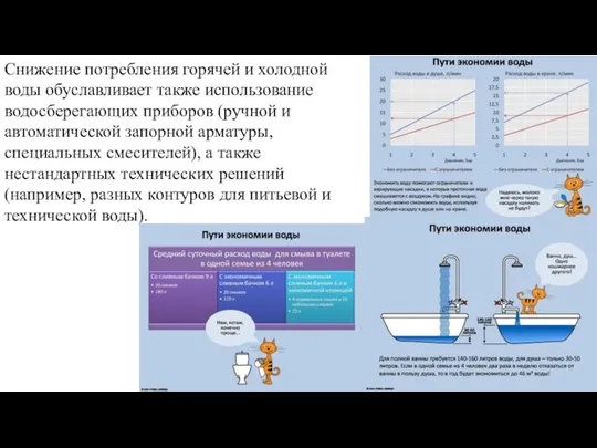 Снижение потребления горячей и холодной воды обуславливает также использование водосберегающих приборов
