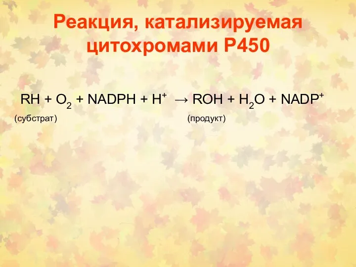 Реакция, катализируемая цитохромами Р450 RH + О2 + NADPH + H+