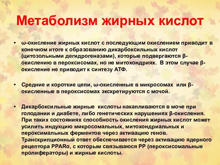 Метаболизм жирных кислот ω-окисление жирных кислот с последующим окислением приводит в