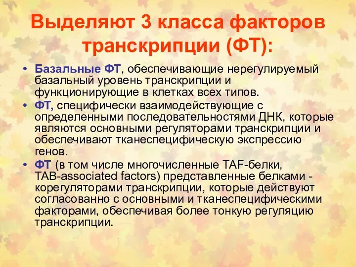 Выделяют 3 класса факторов транскрипции (ФТ): Базальные ФТ, обеспечивающие нерегулируемый базальный