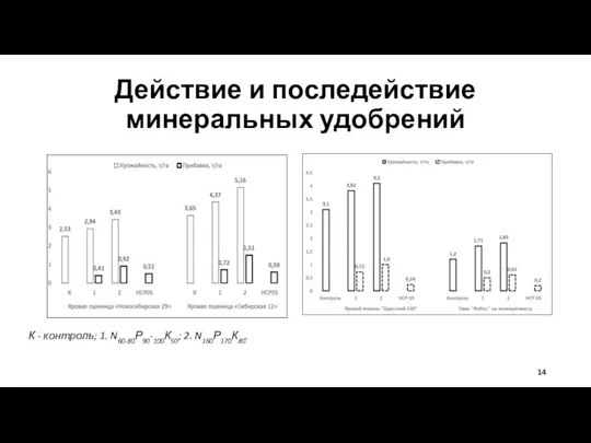 Действие и последействие минеральных удобрений К - контроль; 1. N60-80Р90-100К50; 2. N160Р170К80.