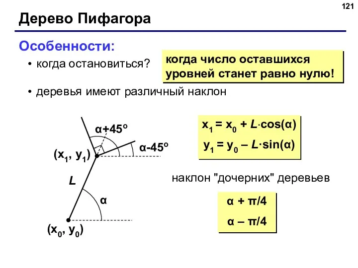 Дерево Пифагора Особенности: когда остановиться? деревья имеют различный наклон когда число