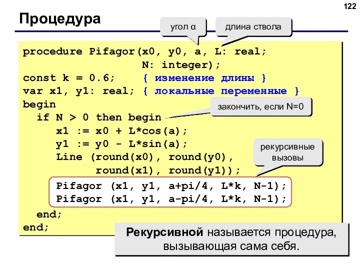 Процедура угол α длина ствола procedure Pifagor(x0, y0, a, L: real;