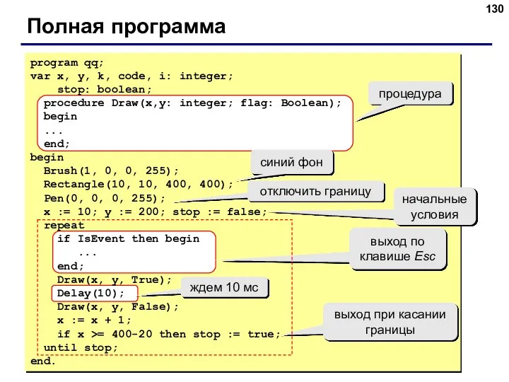 Полная программа program qq; var x, y, k, code, i: integer;