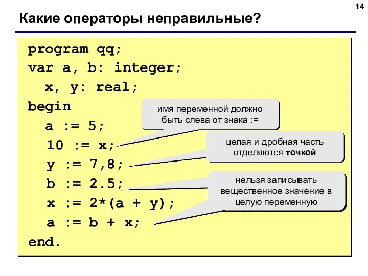 program qq; var a, b: integer; x, y: real; begin a