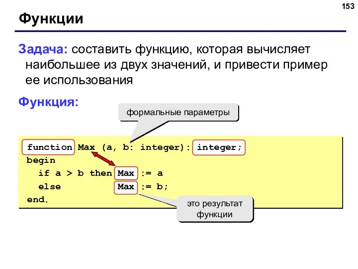 Функции Задача: составить функцию, которая вычисляет наибольшее из двух значений, и