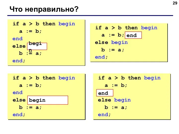 Что неправильно? if a > b then begin a := b;