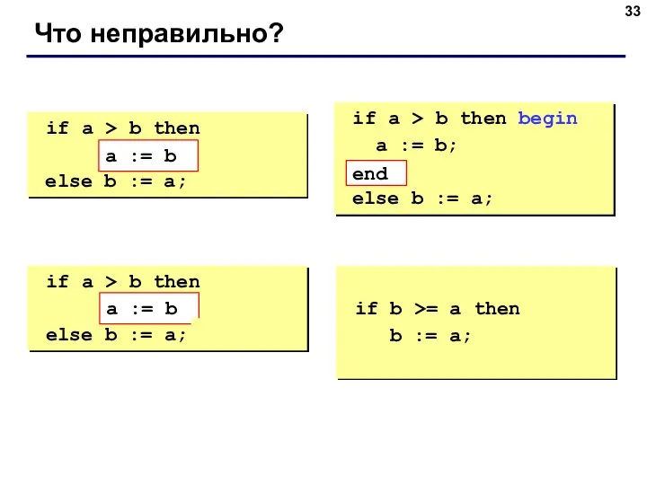 Что неправильно? if a > b then begin a := b;