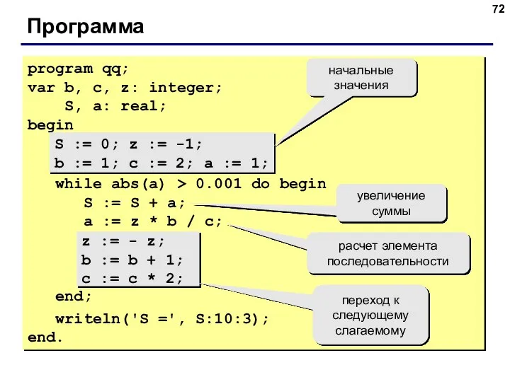 Программа program qq; var b, c, z: integer; S, a: real;