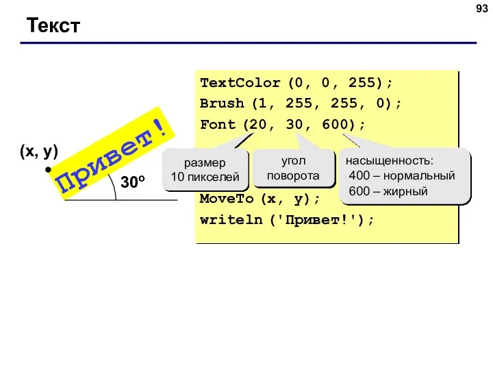 Текст TextColor (0, 0, 255); Brush (1, 255, 255, 0); Font