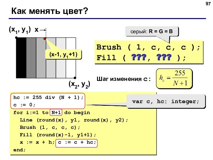 Как менять цвет? (x1, y1) (x2, y2) Brush ( 1, c,