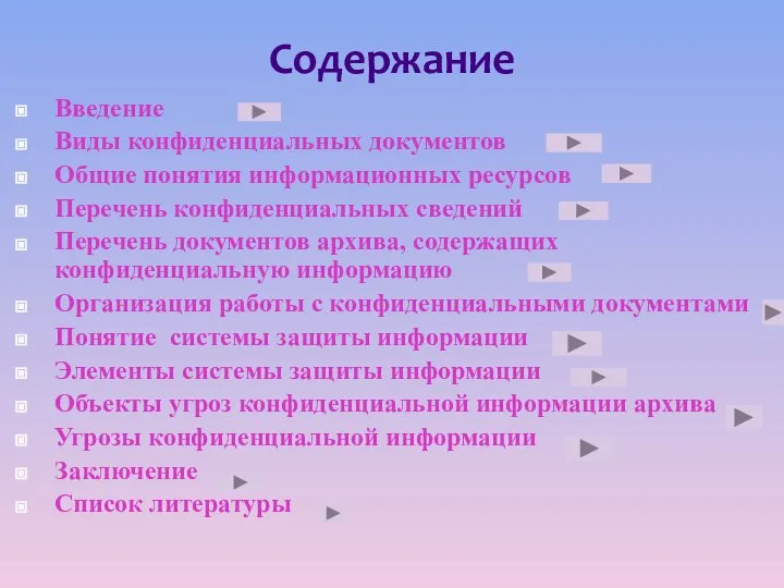 Содержание Введение Виды конфиденциальных документов Общие понятия информационных ресурсов Перечень конфиденциальных