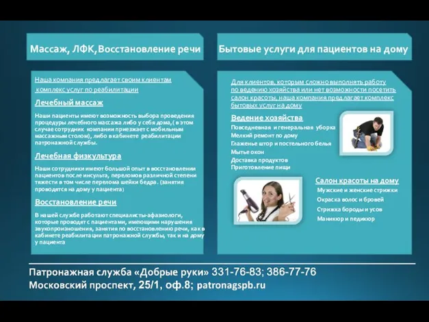 Массаж, ЛФК,Восстановление речи Бытовые услуги для пациентов на дому Наша компания