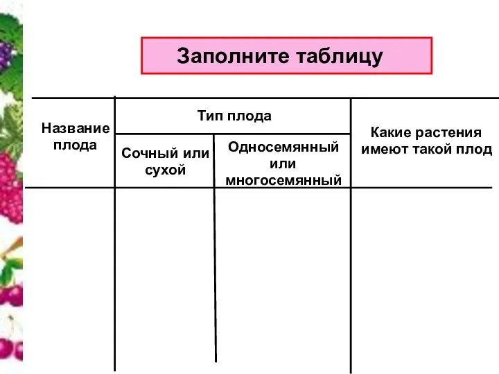 Заполните таблицу Название плода Тип плода Какие растения имеют такой плод