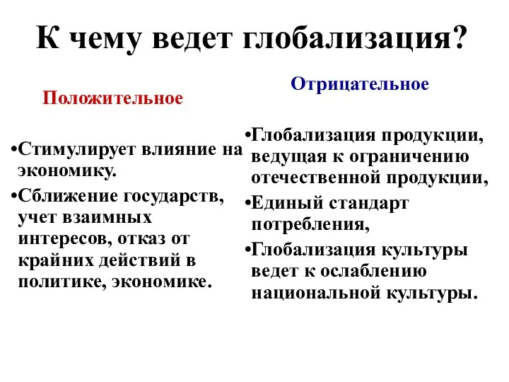 К чему ведет глобализация? Положительное Стимулирует влияние на экономику. Сближение государств,