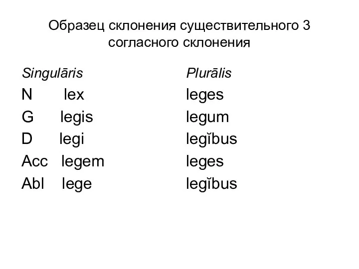 Образец склонения существительного 3 согласного склонения Singulāris N lex G legis