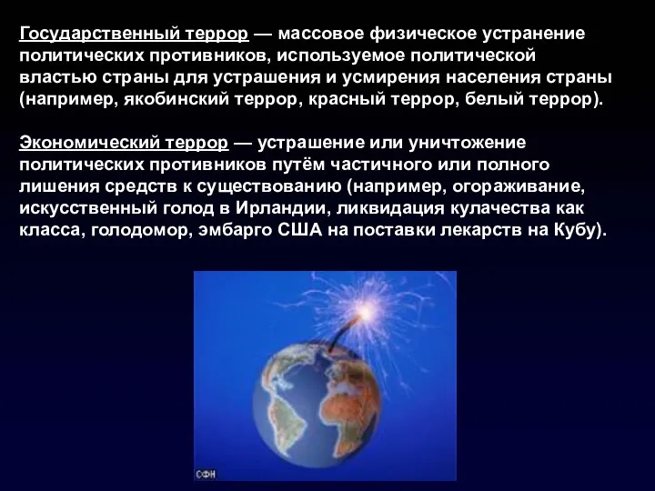 Государственный террор — массовое физическое устранение политических противников, используемое политической властью