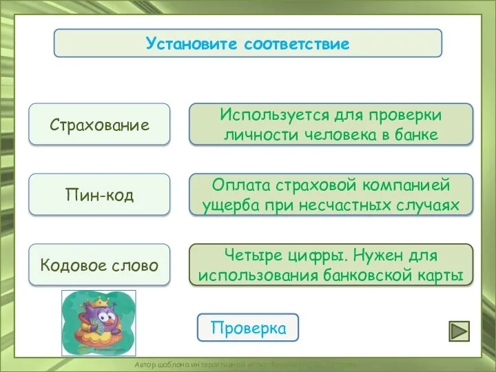 Установите соответствие Страхование Пин-код Кодовое слово Используется для проверки личности человека